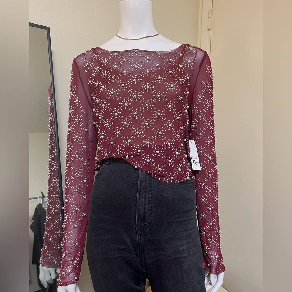 NWT - Faded Rose rhinestones and pearls red Mesh Top - Size S